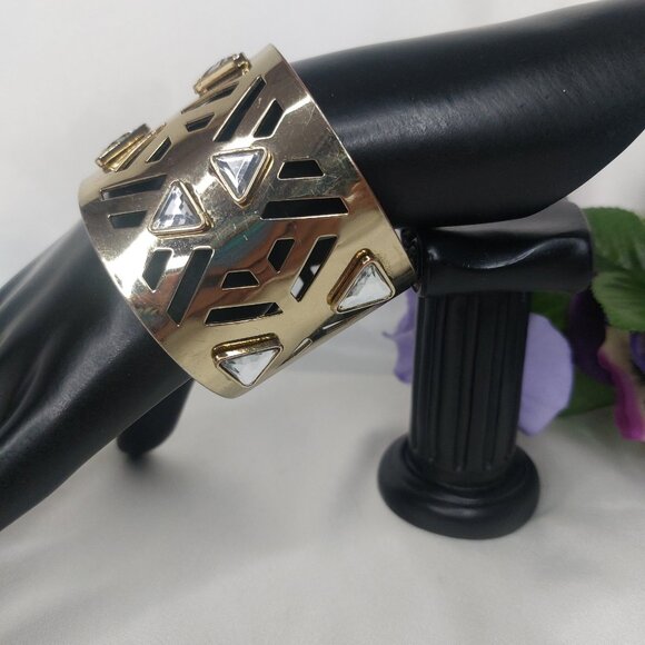 Gold Tone Wide Cuff Bracelet Geometric Cutouts Rhinestones Shiny Bold Like New - Picture 7 of 7